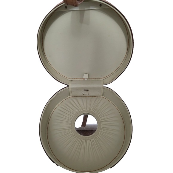 Vintage 1960's Faux Leather Zippered Round Hard Case With Mirror 12"x13"x5" - Picture 5 of 6